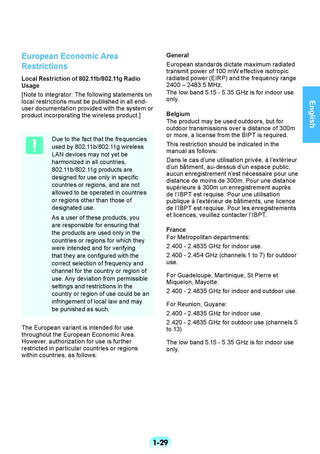 Samsung NP450R5V-X02HU European Economic Area Restrictions, Local Restriction of 802.11b/802.11g Radio Usage, General 