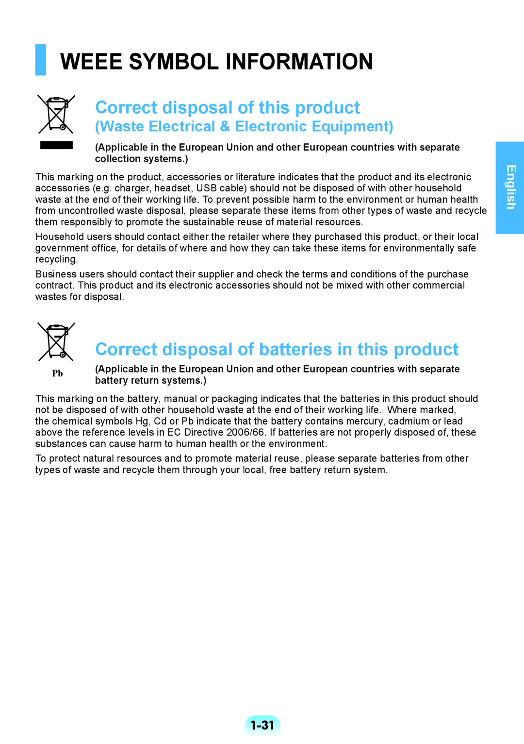 Samsung NP370R5V-S01HU, NP450R5V-X01HU, NP450R5V-X02HU, NP370R5V-S02HU manual Weee Symbol Information, Battery return systems 