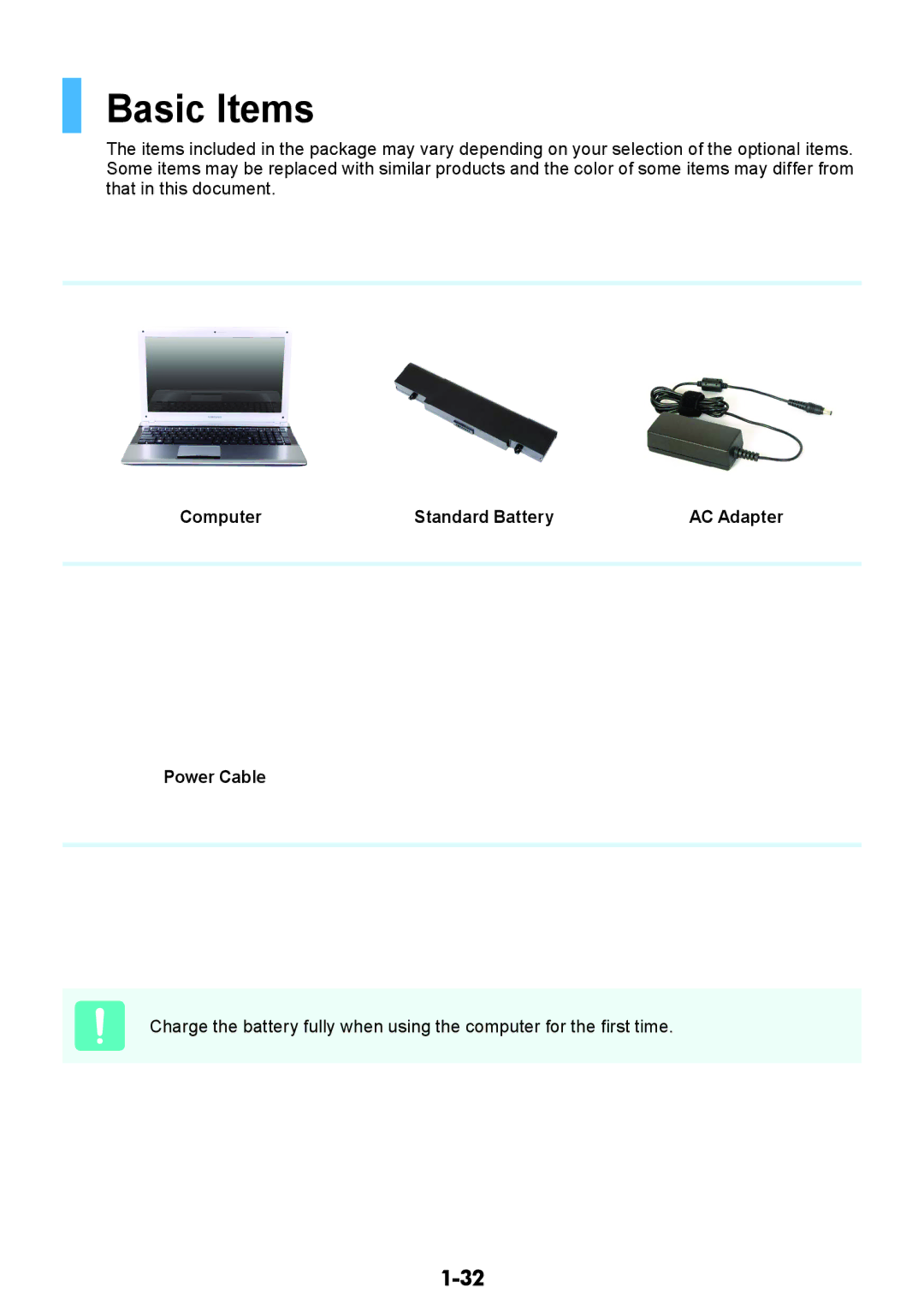 Samsung NP450R5V-X01HU, NP450R5V-X02HU, NP370R5V-S02HU manual Basic Items, Computer Standard Battery AC Adapter Power Cable 