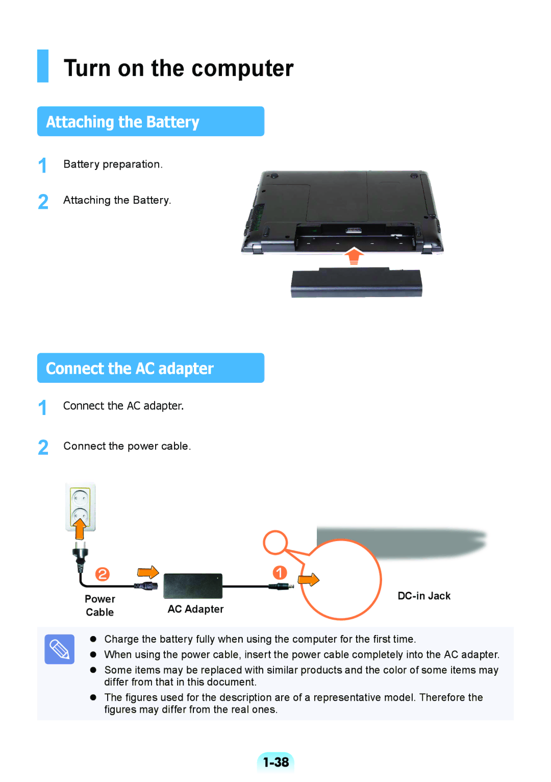 Samsung NP370R5V-S02HU manual Turn on the computer, Attaching the Battery, Connect the AC adapter, Power, Cable AC Adapter 