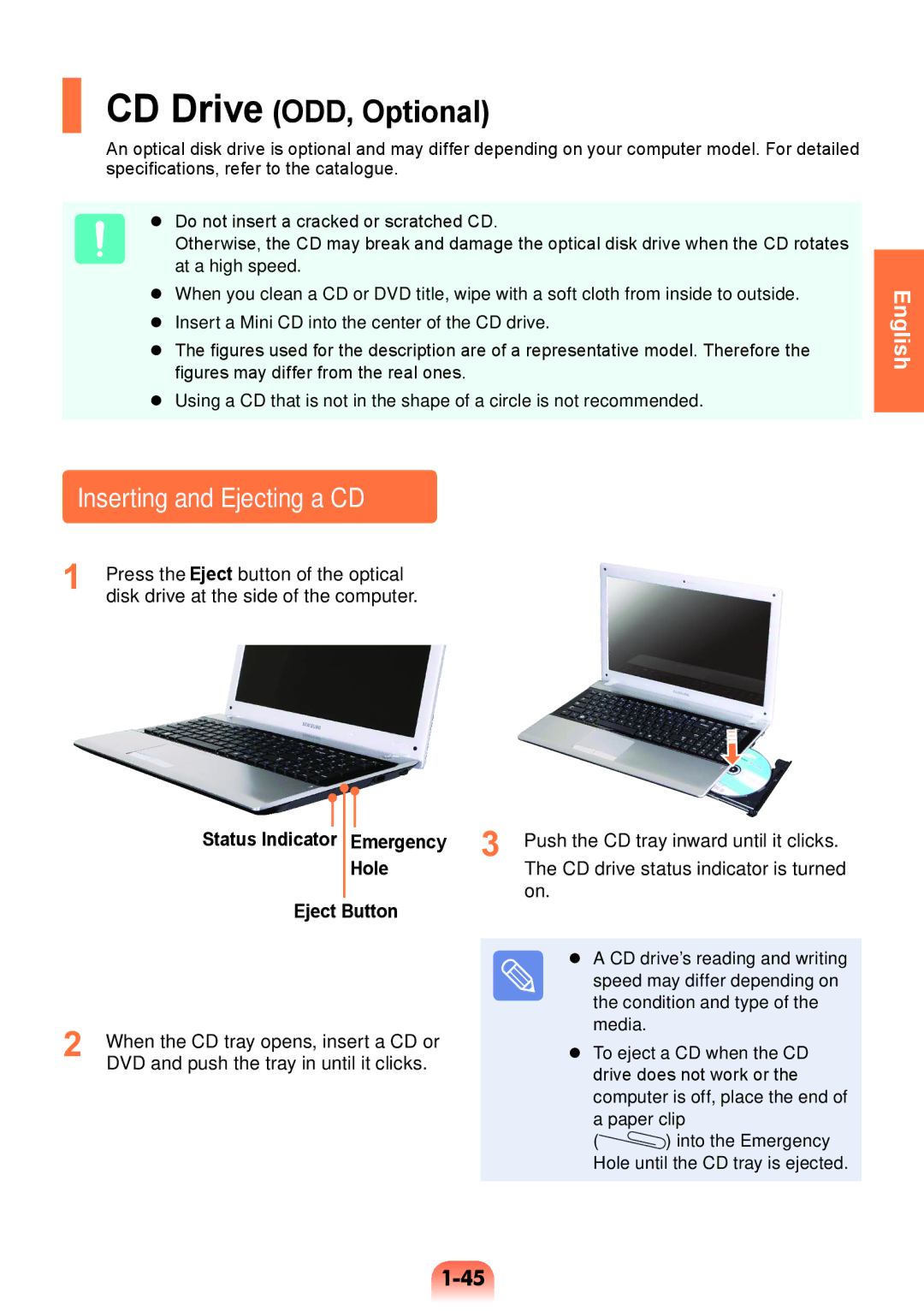 Samsung NP450R5V-X02HU, NP450R5V-X01HU, NP370R5V-S02HU manual Inserting and Ejecting a CD, Emergency, Hole, Eject Button 