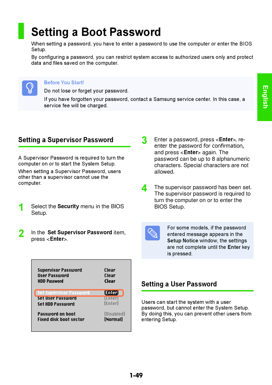 Samsung NP450R5V-X02HU, NP450R5V-X01HU Setting a Boot Password, Setting a Supervisor Password, Setting a User Password 