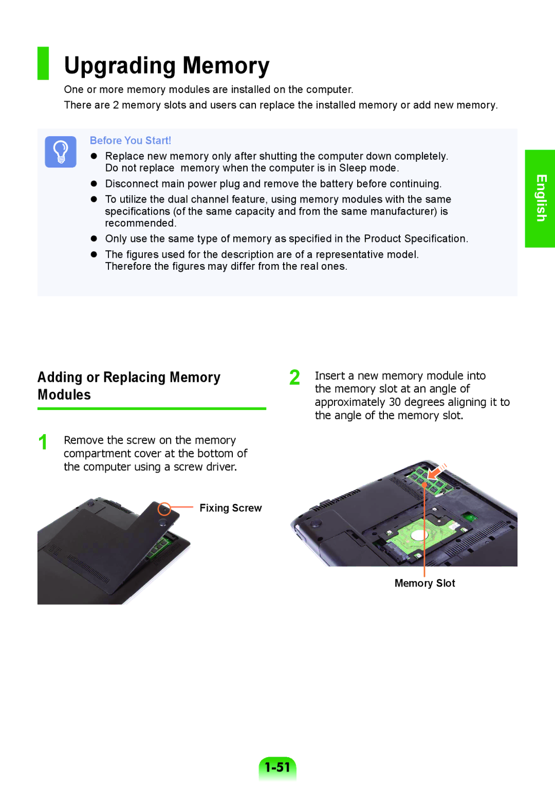 Samsung NP370R5V-S01HU, NP450R5V-X01HU Upgrading Memory, Adding or Replacing Memory Modules, Fixing Screw, Memory Slot 