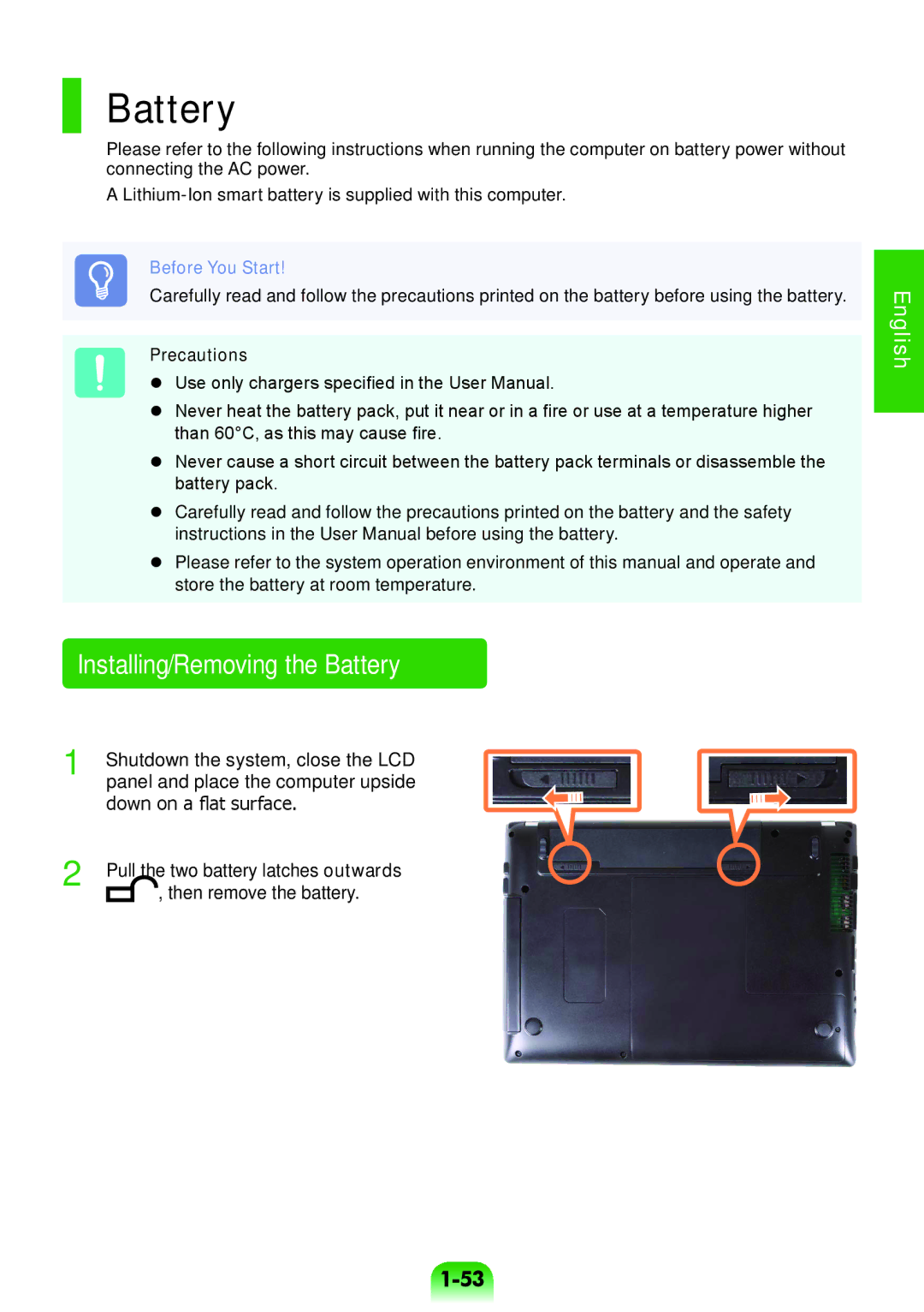 Samsung NP450R5V-X02HU manual Installing/Removing the Battery, Precautions, Pull the two battery latches outwards 