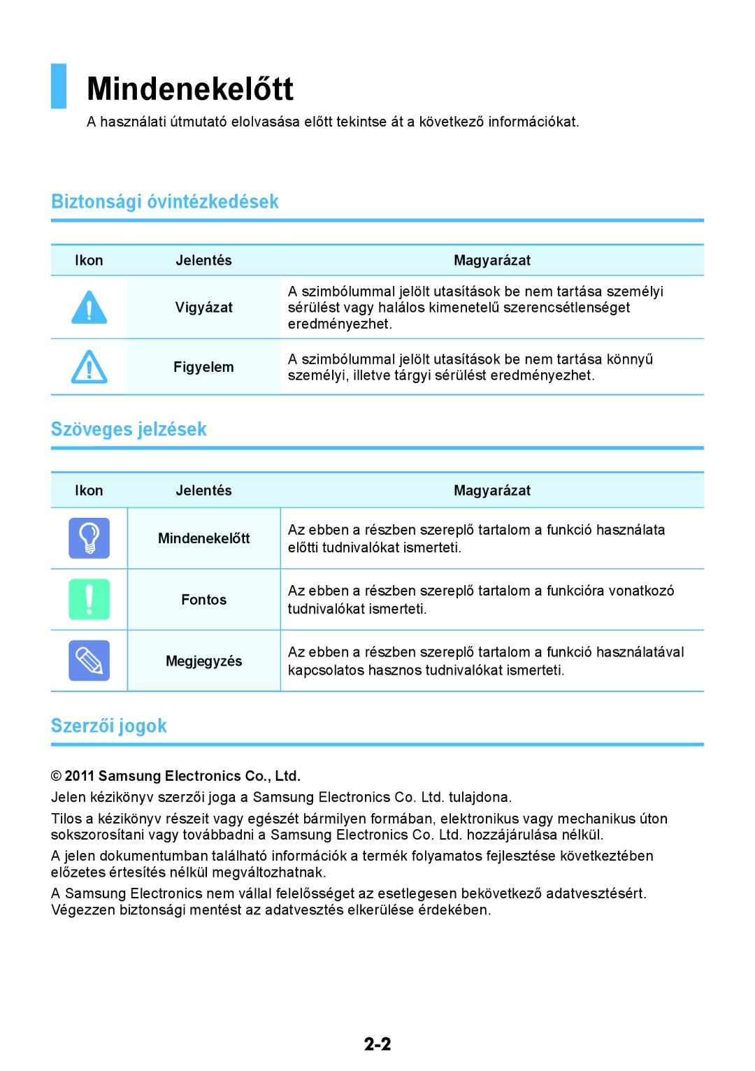 Samsung NP370R5V-S02HU, NP450R5V-X01HU manual Mindenekelőtt, Biztonsági óvintézkedések, Szöveges jelzések, Szerzői jogok 