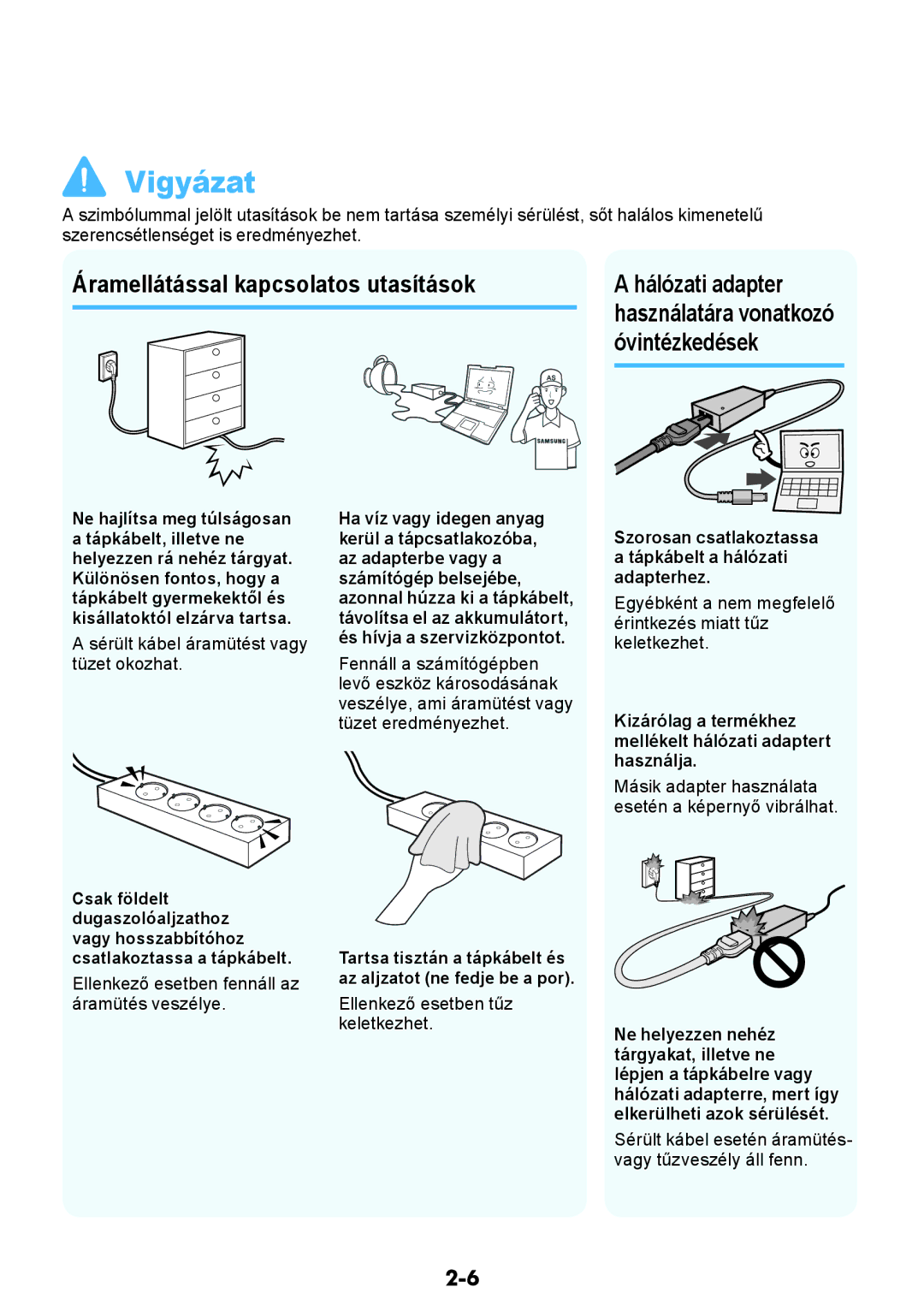 Samsung NP370R5V-S02HU Áramellátással kapcsolatos utasítások Hálózati adapter, Óvintézkedések, Használatára vonatkozó 