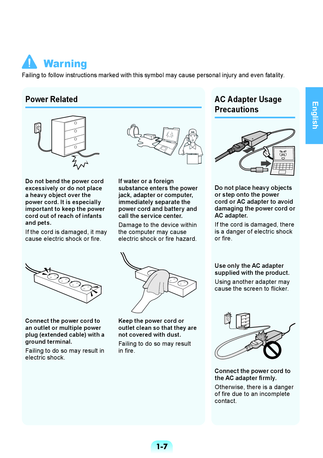 Samsung NP370R5V-S01HU, NP450R5V-X01HU, NP450R5V-X02HU manual Precautions, Connect the power cord to the AC adapter firmly 