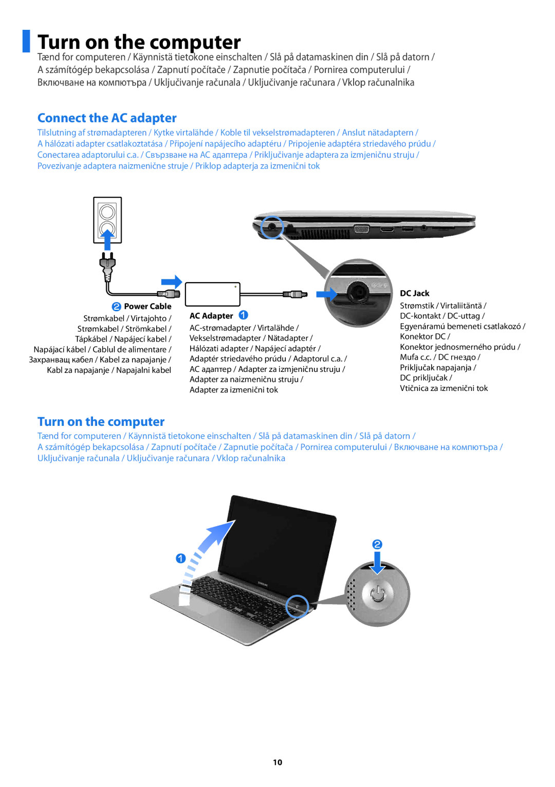 Samsung NP450R5V-X01HU manual Turn on the computer, Connect the AC adapter 