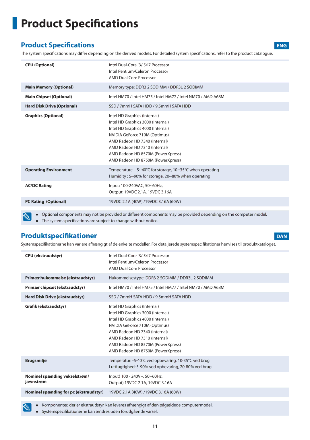 Samsung NP450R5V-X01HU manual Product Specifications, Produktspecifikationer, Eng, Dan 