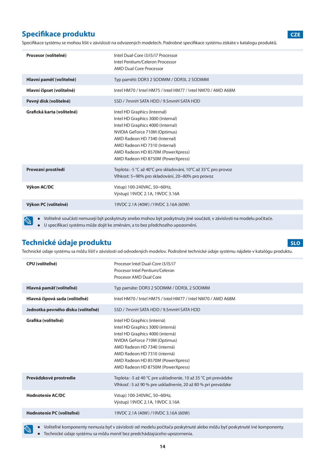 Samsung NP450R5V-X01HU manual Specifikace produktu, Technické údaje produktu, Cze, Slo 