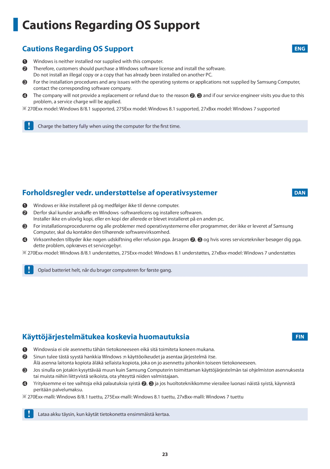 Samsung NP450R5V-X01HU manual Forholdsregler vedr. understøttelse af operativsystemer 