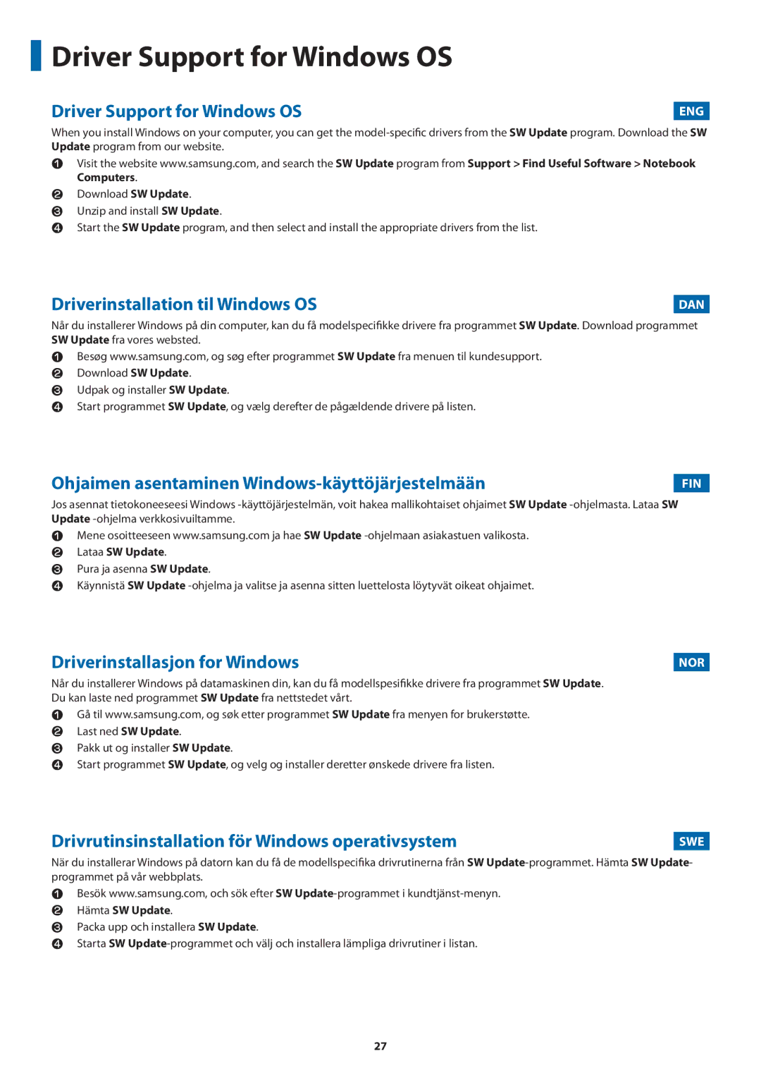 Samsung NP450R5V-X01HU manual Driver Support for Windows OS 