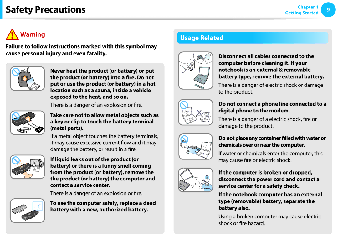 Samsung NP275E5E-K01PL, NP470R5E-X01DE, NP470R5E-X01PT manual Usage Related, There is a danger of an explosion or fire 