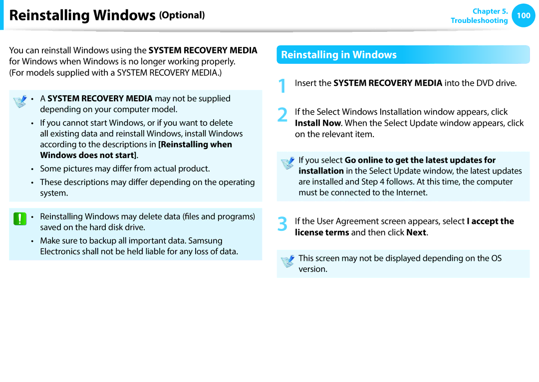 Samsung NP270E5G-K02DE, NP470R5E-X01DE, NP470R5E-X01PT, NT270E5J-K55 Reinstalling Windows Optional, Reinstalling in Windows 