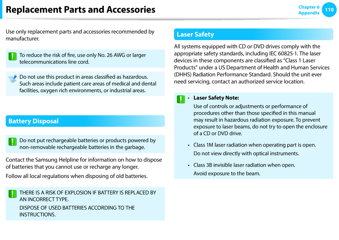 Samsung NP450R5E-X02TR, NP470R5E-X01DE manual Replacement Parts and Accessories, Battery Disposal, Laser Safety Note 