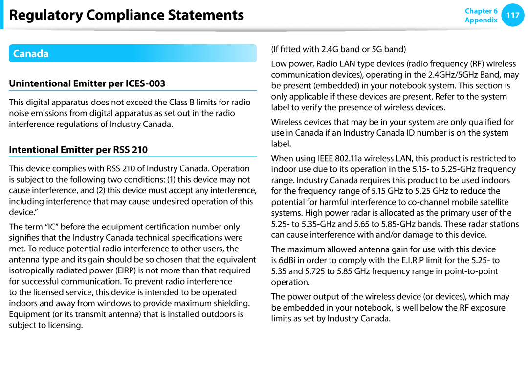 Samsung NP905S3G-K05AT, NP470R5E-X01DE manual Canada, Unintentional Emitter per ICES-003, Intentional Emitter per RSS 