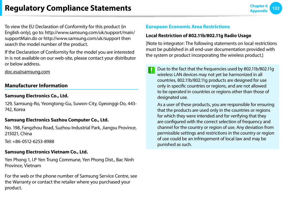 Samsung NP940X3G-K01PT, NP470R5E-X01DE manual Manufacturer Information, Local Restriction of 802.11b/802.11g Radio Usage 