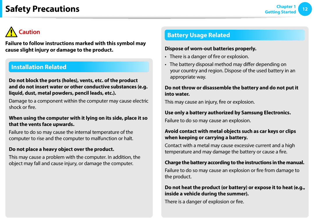 Samsung NP270E5E-K02IT, NT270E5J-K55 Do not place a heavy object over the product, Dispose of worn-out batteries properly 