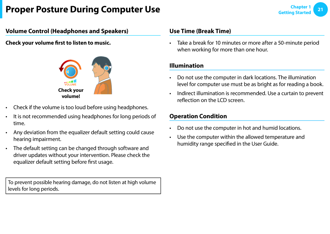 Samsung NP270E5G-K05AT Volume Control Headphones and Speakers, Use Time Break Time, Illumination, Operation Condition 