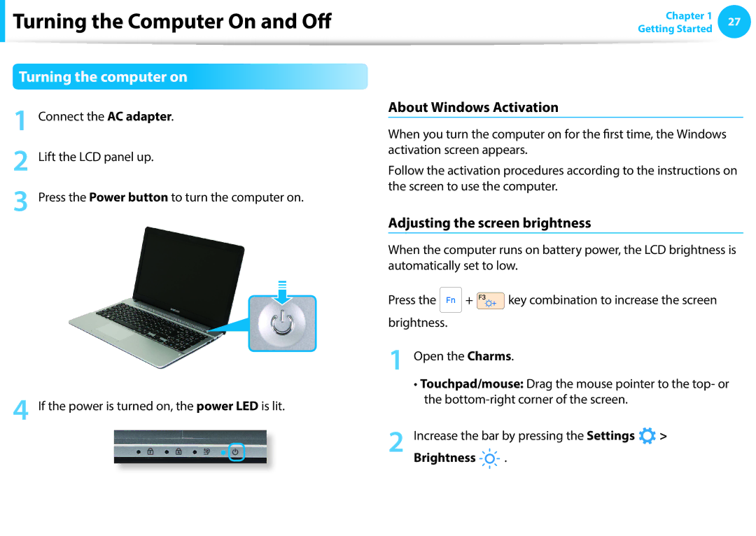 Samsung NP270E5E-K01GR Turning the Computer On and Off, Turning the computer on, About Windows Activation, Brightness 