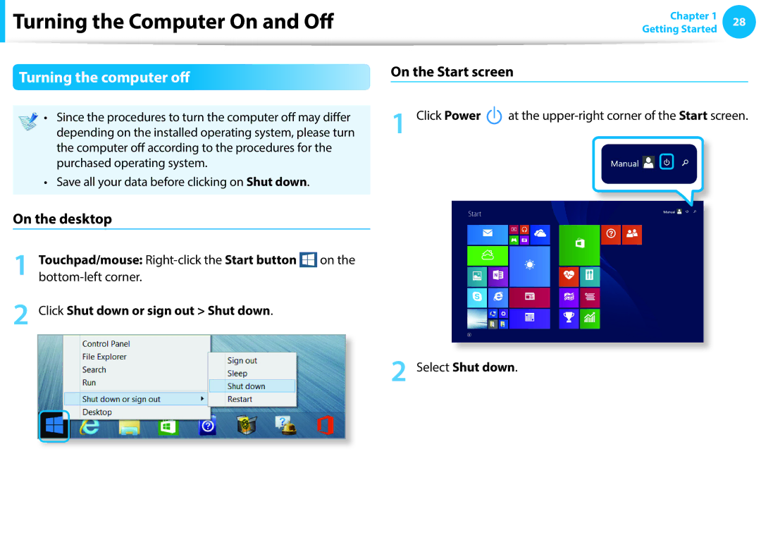 Samsung NP270E5E-K01DE, NP470R5E-X01DE Turning the computer off, On the desktop, On the Start screen, Select Shut down 