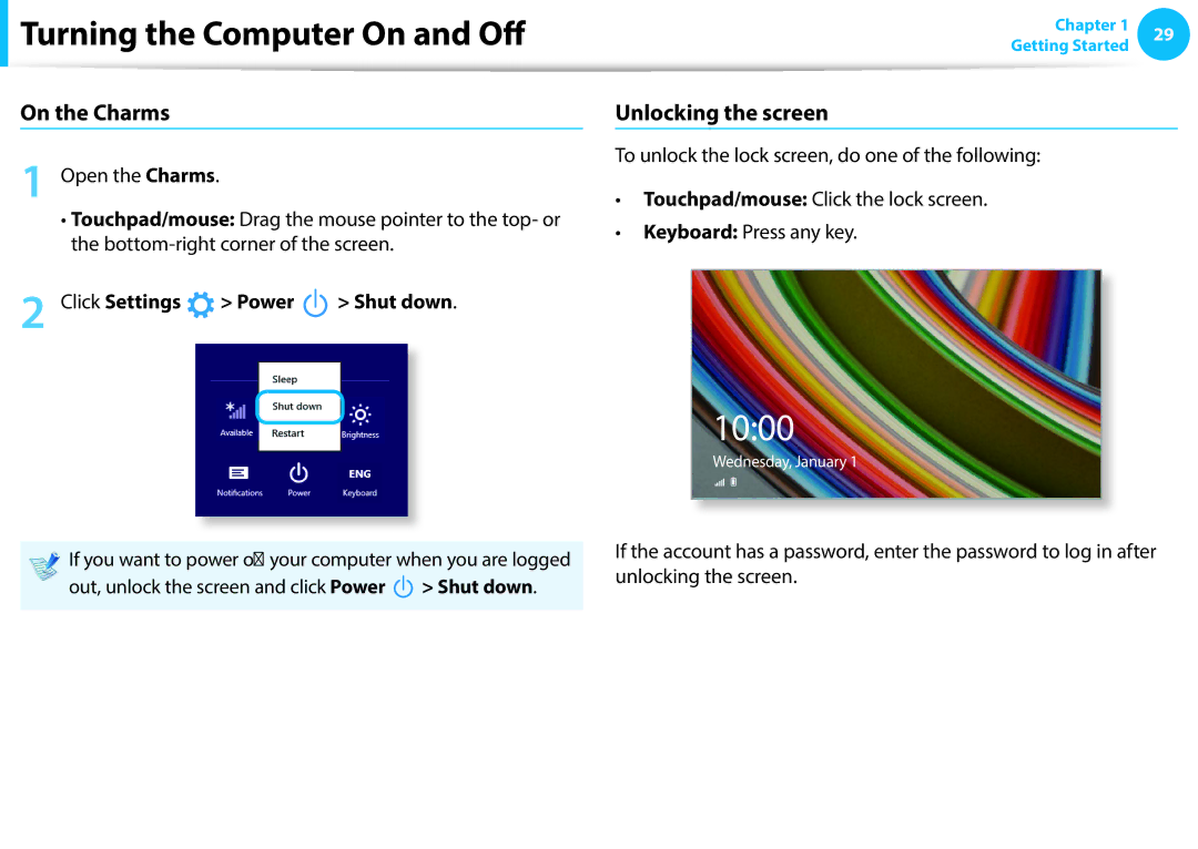 Samsung NP470R5E-X01TR, NP470R5E-X01DE, NP470R5E-X01PT manual On the Charms, Unlocking the screen, Click Settings Power 
