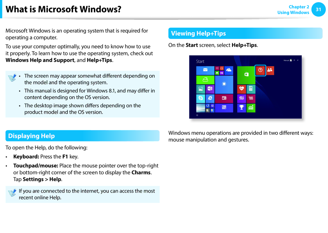 Samsung NP940X3G-K07DE, NP470R5E-X01DE, NP470R5E-X01PT manual What is Microsoft Windows?, Viewing Help+Tips, Displaying Help 