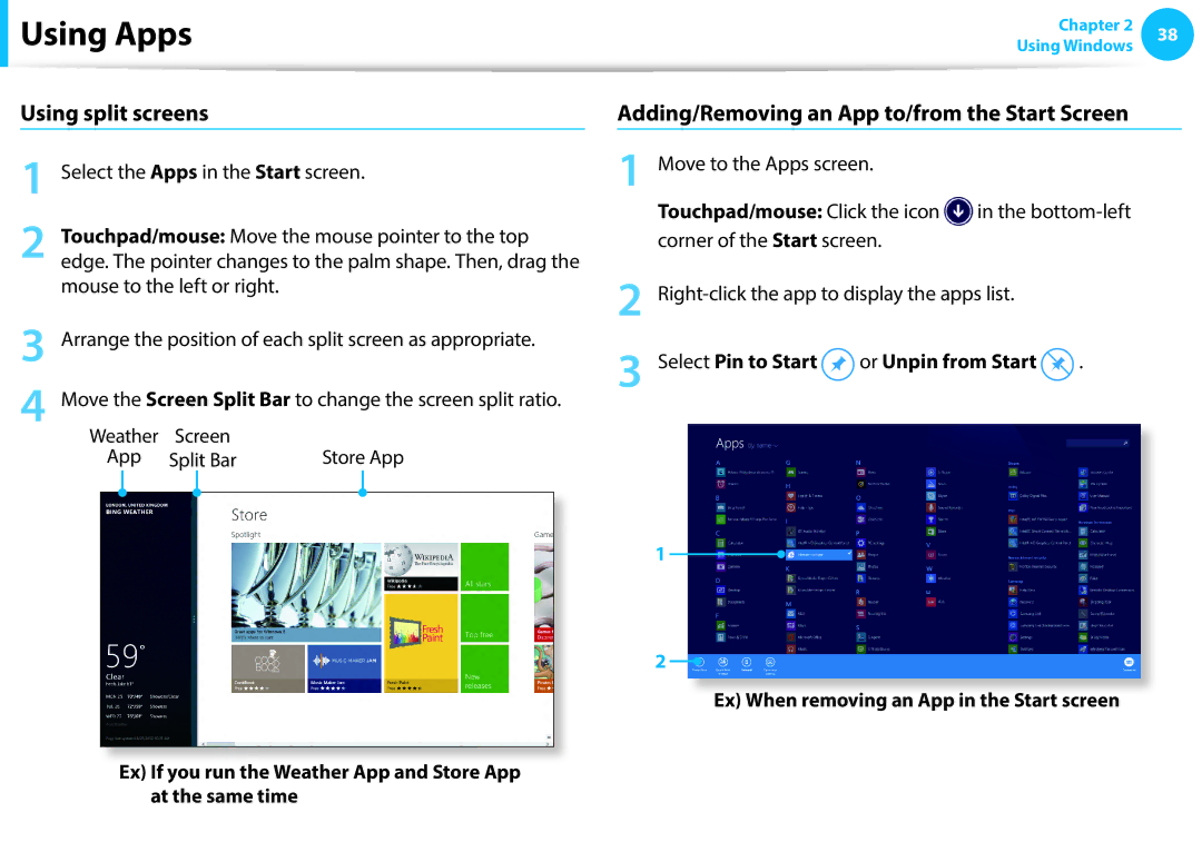 Samsung NP910S5J-K01TR, NP470R5E-X01DE Using split screens, Adding/Removing an App to/from the Start Screen, Store App 