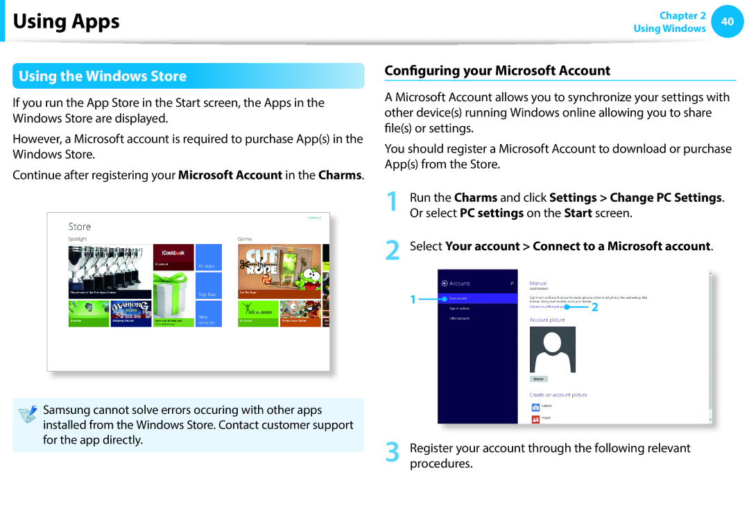 Samsung NP905S3G-K02IT, NP470R5E-X01DE, NP470R5E-X01PT manual Using the Windows Store, Configuring your Microsoft Account 