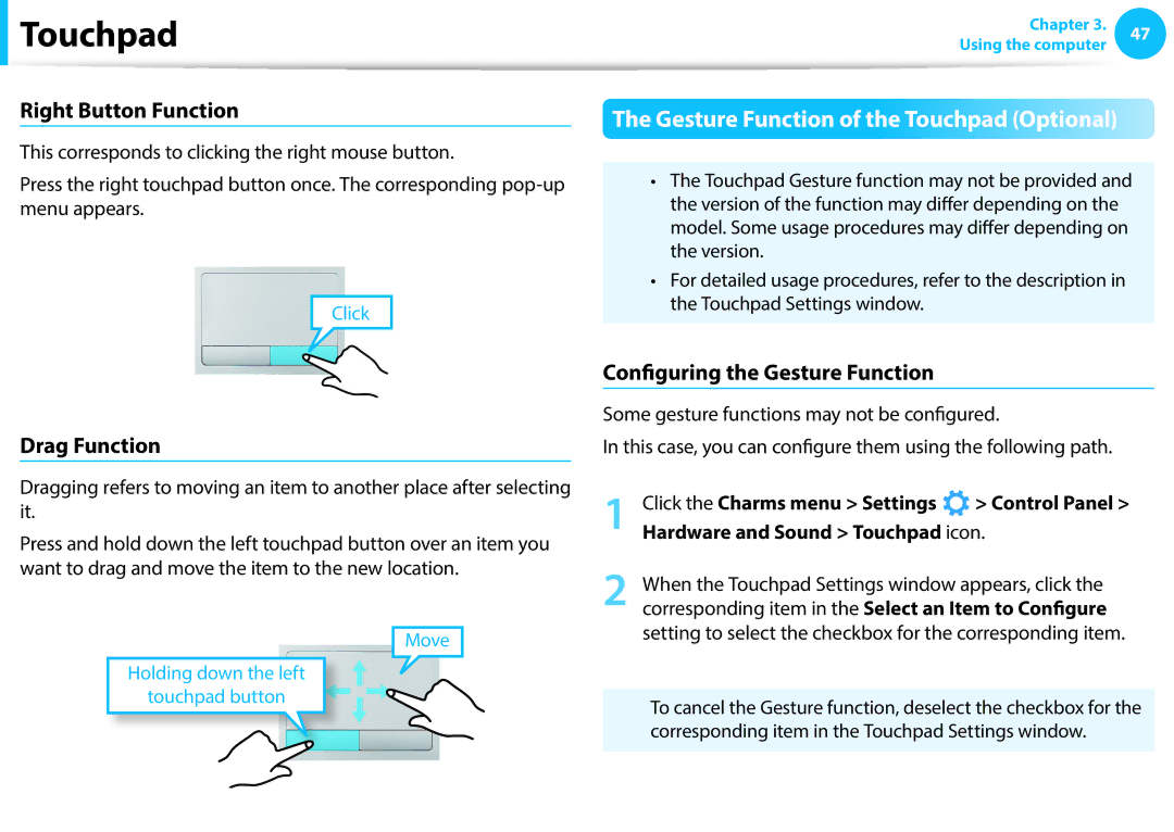 Samsung NP915S3G-K01AT, NP470R5E-X01DE, NT270E5J-K55 Right Button Function, Drag Function, Configuring the Gesture Function 