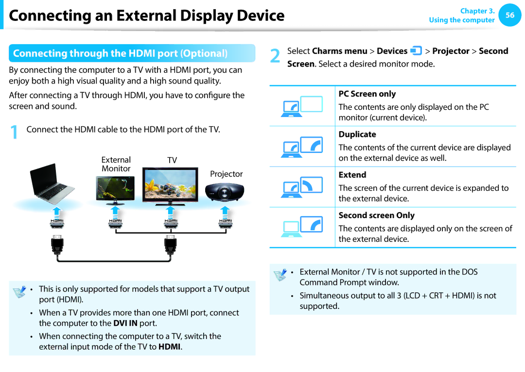 Samsung NP870Z5G-X02AT, NP470R5E-X01DE, NP470R5E-X01PT, NP270E5G-K04AT manual Connecting through the Hdmi port Optional 