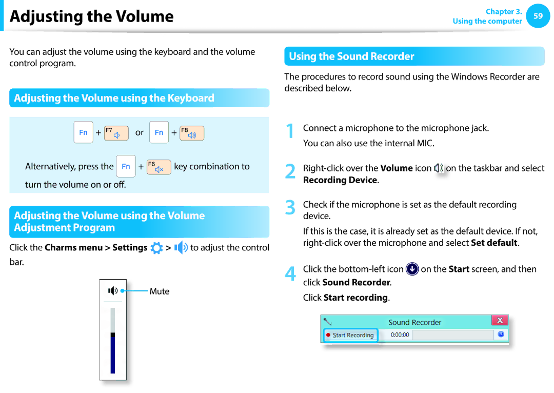 Samsung NP270E5E-K02GR, NP470R5E-X01DE, NT270E5J-K55 Adjusting the Volume using the Keyboard, Using the Sound Recorder 