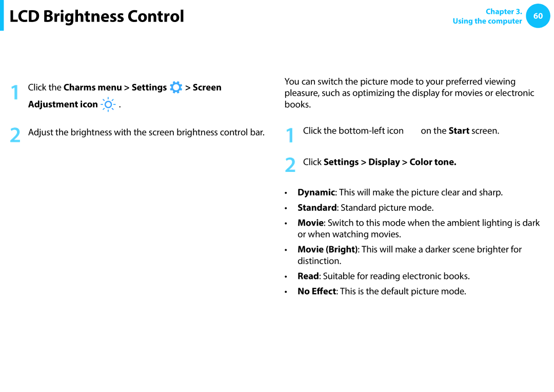 Samsung NP270E5J-X02TR LCD Brightness Control, Controlling the Brightness Using the Keyboard, Switching the picture mode 