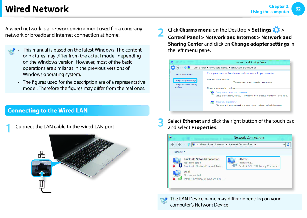 Samsung NP270E5G-X02TR manual Wired Network, Connecting to the Wired LAN, Connect the LAN cable to the wired LAN port 