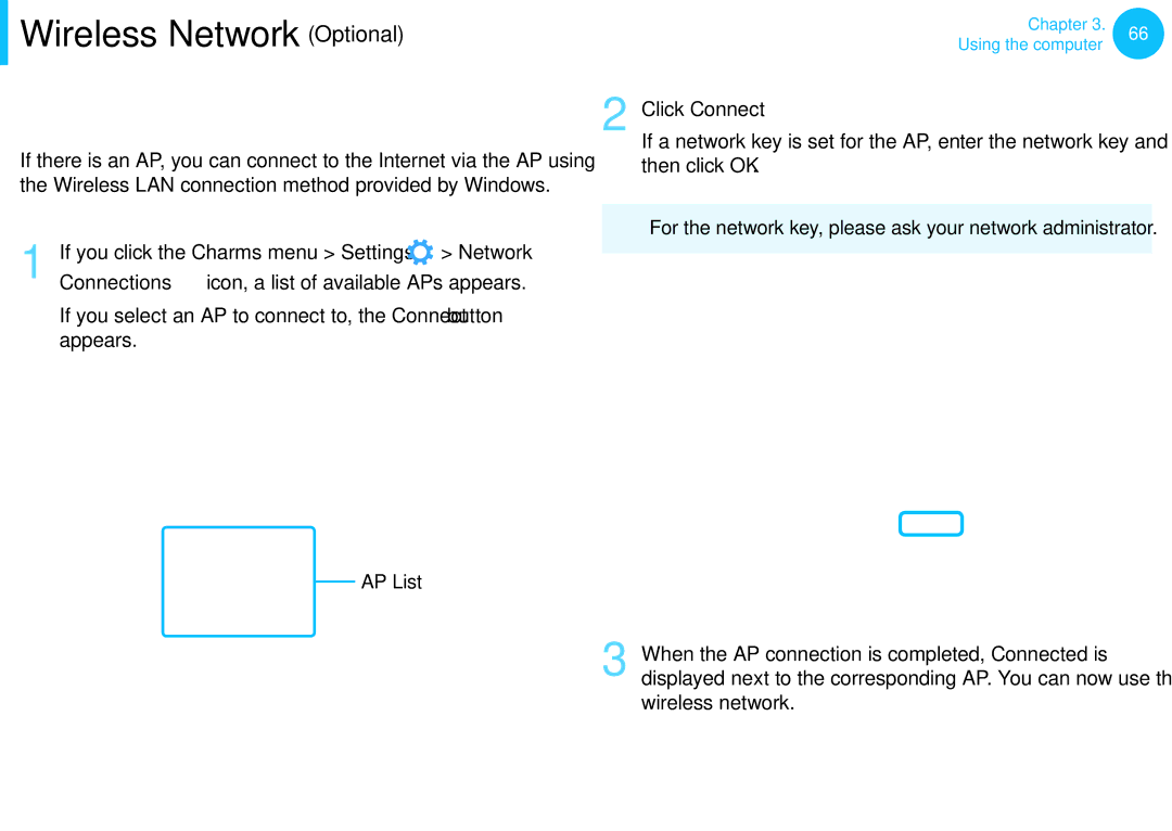 Samsung NP270E5E-X01DE, NP470R5E-X01DE, NP470R5E-X01PT Connecting to a Wireless LAN, If you click the Charms menu Settings 