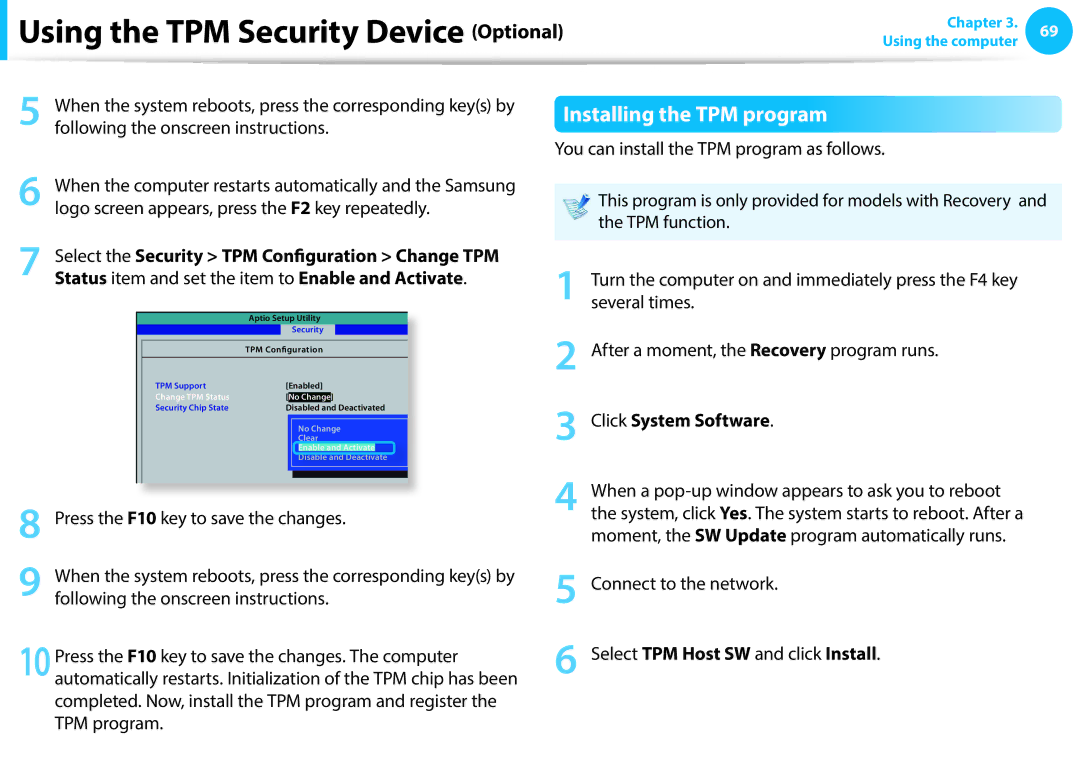 Samsung NP270E5E-K02PT, NP470R5E-X01DE Installing the TPM program, Status item and set the item to Enable and Activate 