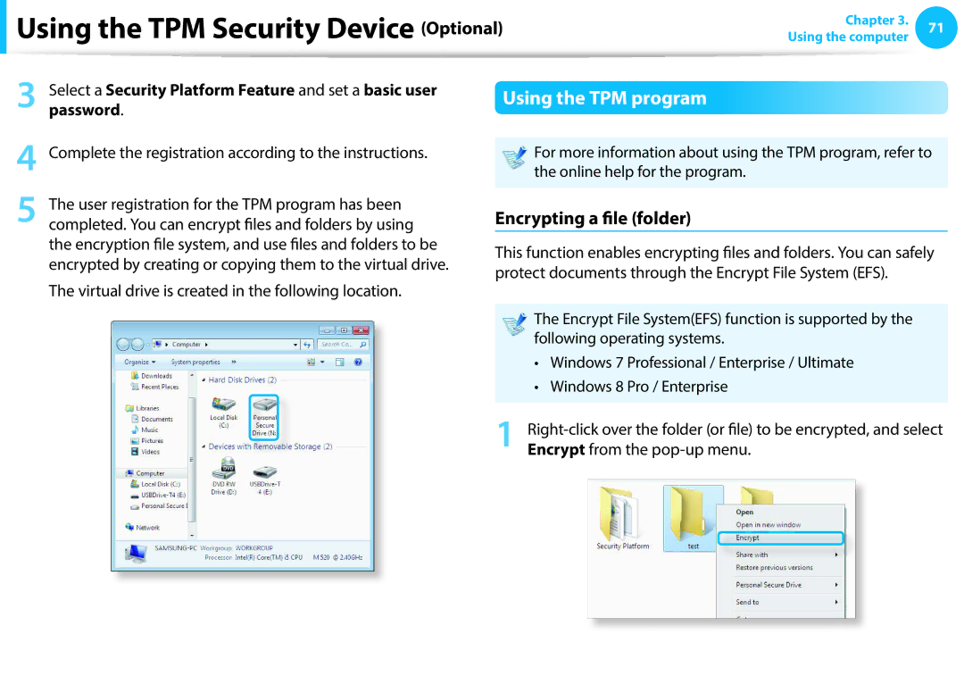 Samsung NP450R5E-X03IT, NP470R5E-X01DE, NP470R5E-X01PT, NP270E5G-K04AT manual Using the TPM program, Encrypting a file folder 