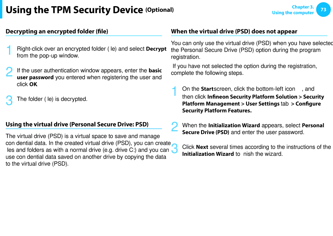 Samsung NP270E5E-K03IT, NP470R5E-X01DE Decrypting an encrypted folder file, When the virtual drive PSD does not appear 