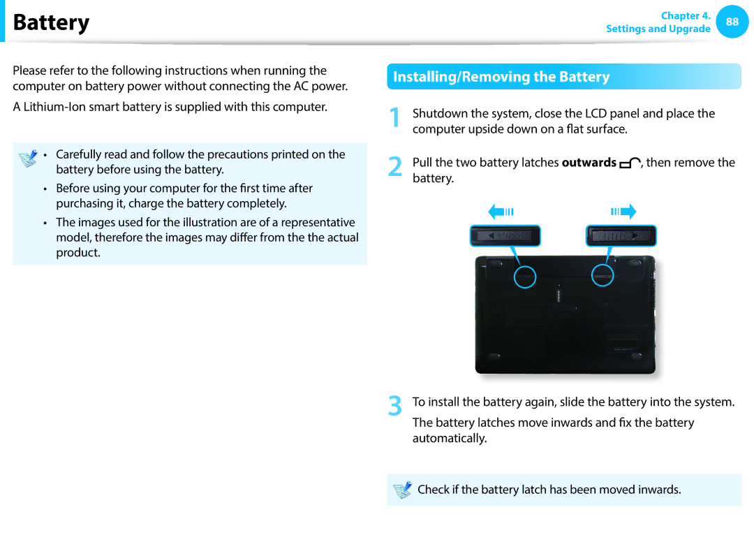 Samsung NP900X3G-K01DE, NT270E5J-K55 Installing/Removing the Battery, Battery latches move inwards and fix the battery 