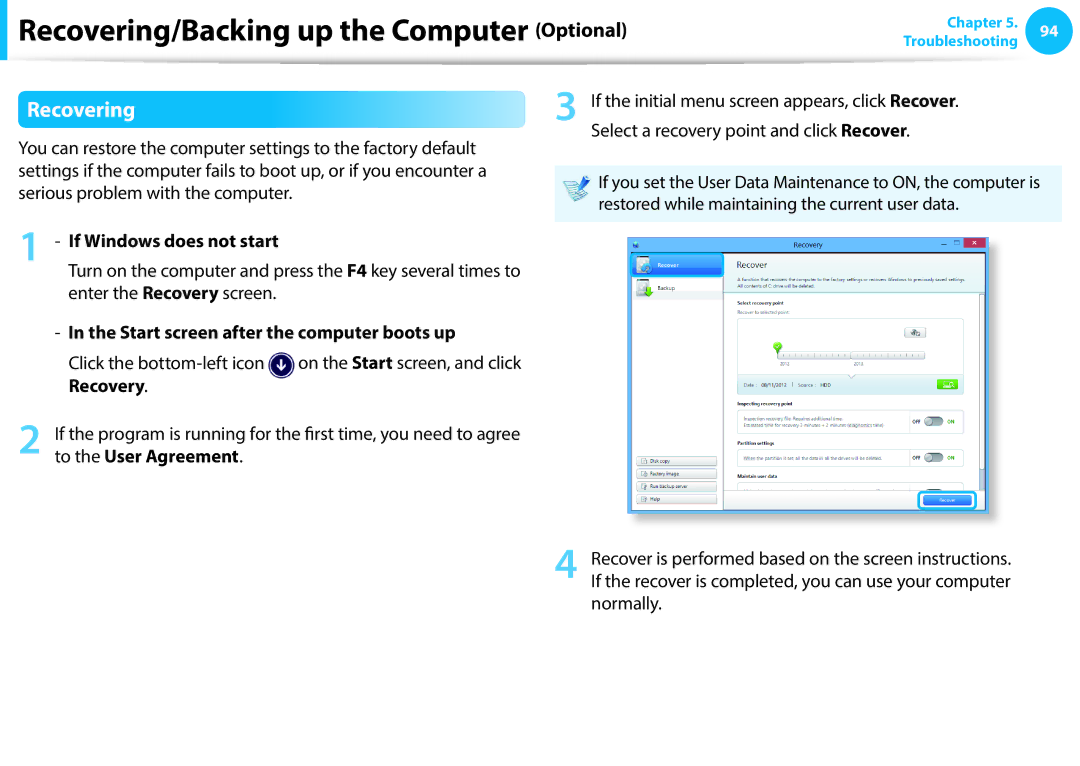 Samsung NP915S3G-K02DE manual Recovering, If Windows does not start, Start screen after the computer boots up, Recovery 