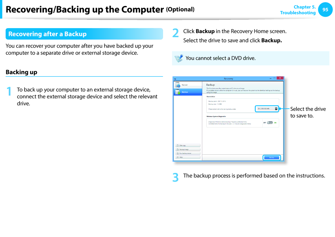 Samsung NP905S3G-K01AT, NP470R5E-X01DE, NP470R5E-X01PT Recovering after a Backup, Backing up, You cannot select a DVD drive 