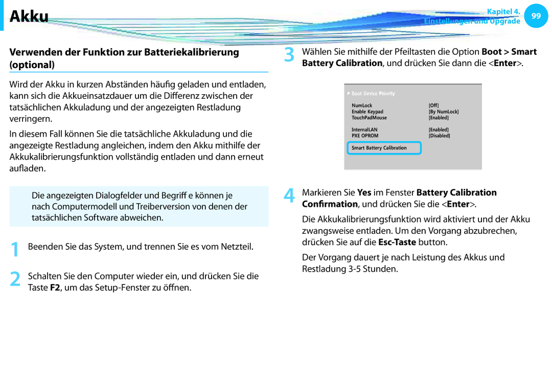 Samsung NP270E5G-K05TR Verwenden der Funktion zur Batteriekalibrierung optional, Taste F2, um das Setup-Fenster zu öffnen 