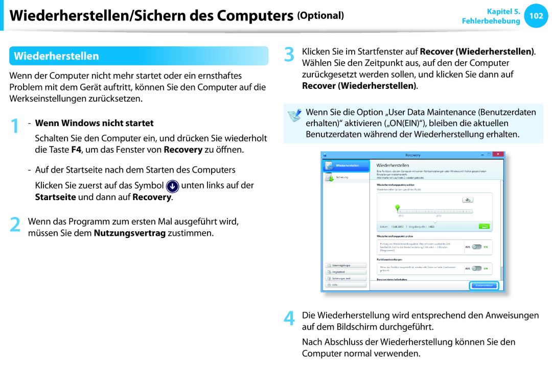 Samsung NP270E5E-X04IT, NP470R5E-X01DE, NP470R5E-X01PT, NP270E5G-K04AT manual Wiederherstellen, Wenn Windows nicht startet 