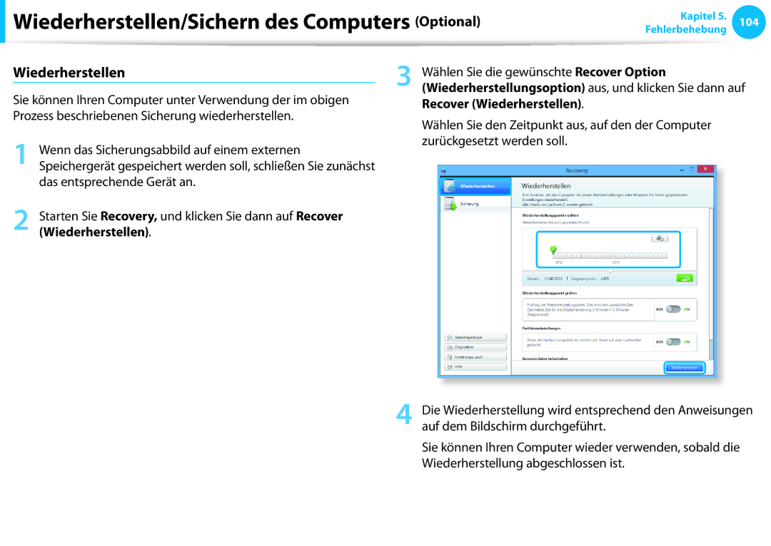 Samsung NP275E5E-X01DE, NP470R5E-X01DE manual Wählen Sie die gewünschte Recover Option, Recover Wiederherstellen 