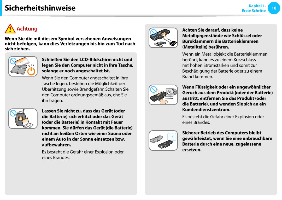 Samsung NP270E5J-X03TR, NP470R5E-X01DE, NP470R5E-X01PT manual Es besteht die Gefahr einer Explosion oder eines Brandes 