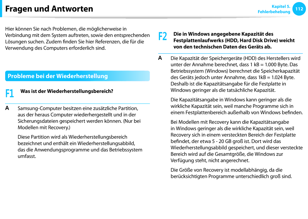 Samsung NP270E5G-K02TR Fragen und Antworten, Probleme bei der Wiederherstellung, F1 Was ist der Wiederherstellungsbereich? 
