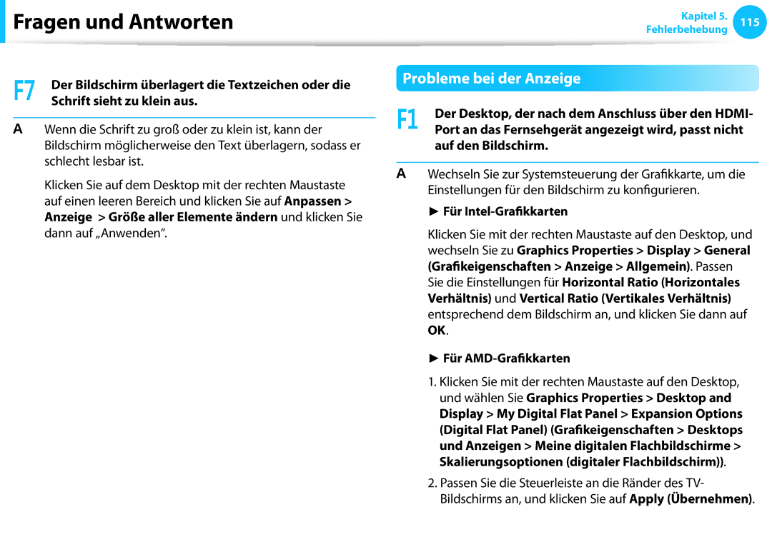 Samsung NP910S3G-K02AT Probleme bei der Anzeige, Schrift sieht zu klein aus, Auf den Bildschirm, Für Intel-Grafikkarten 