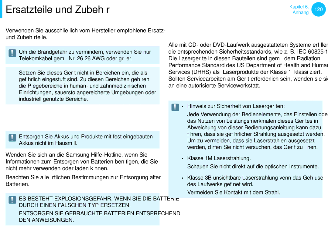 Samsung NP870Z5G-X01TR, NP470R5E-X01DE manual Ersatzteile und Zubehör, Batterieentsorgung, Sicherheit von Lasergeräten 