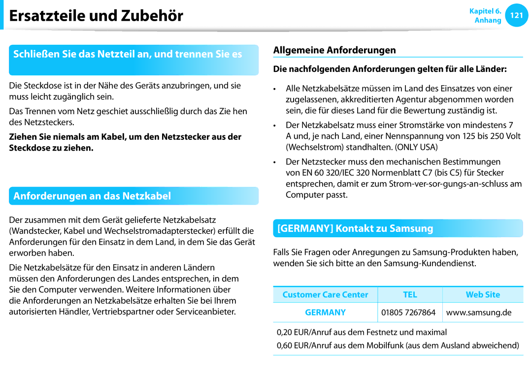 Samsung NP915S3G-K02BE Anforderungen an das Netzkabel, Germany Kontakt zu Samsung, Allgemeine Anforderungen, Web Site 