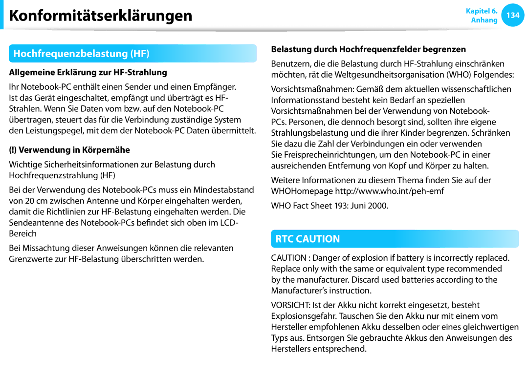 Samsung NP450R5G-X07TR manual Hochfrequenzbelastung HF, Allgemeine Erklärung zur HF-Strahlung, Verwendung in Körpernähe 